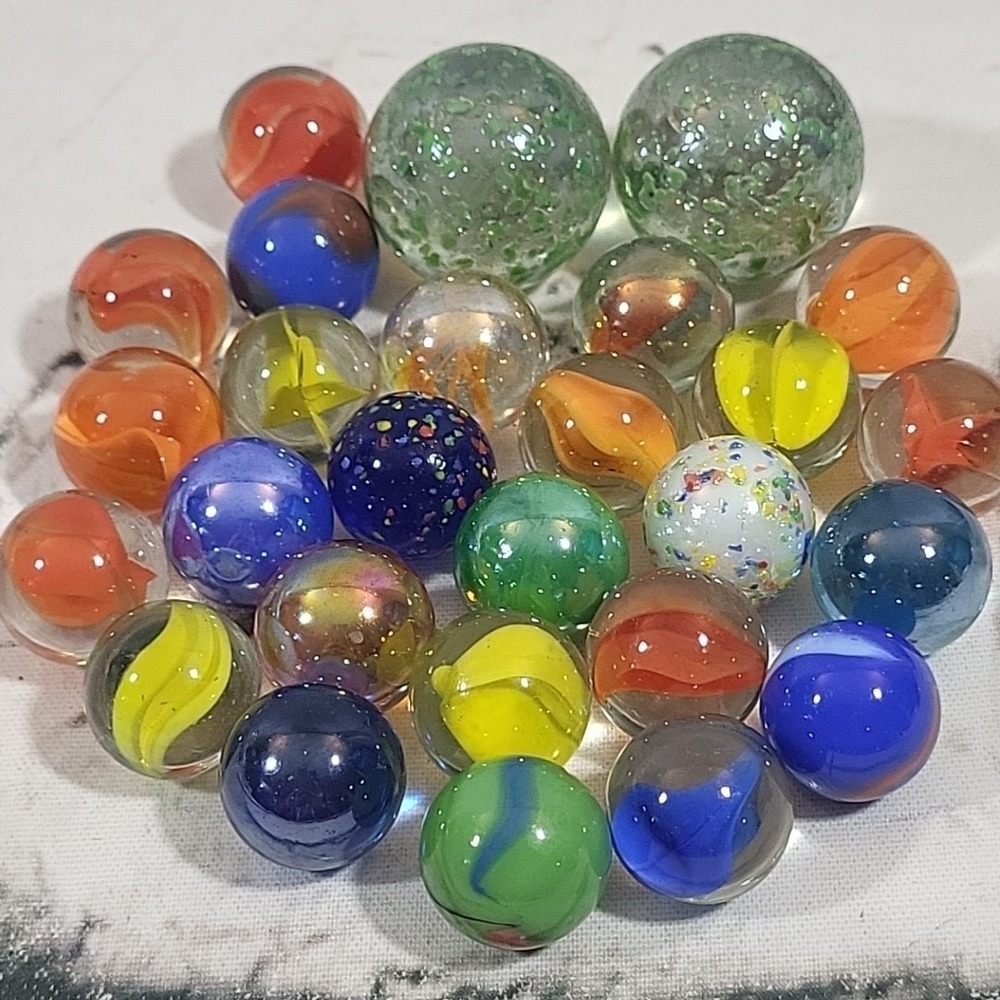 Vintage Glass Marbles Lot Of 27 Confetti Multicolor Cats Eye With Shooters